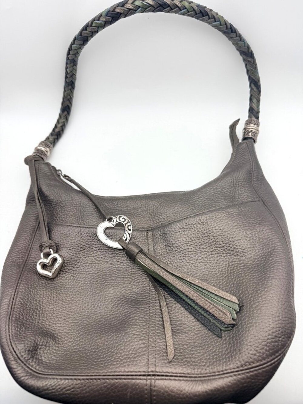 Brighton Barbados Pebble Leather Hobo Shoulder Handbag Purse Braided Gray Pewter
